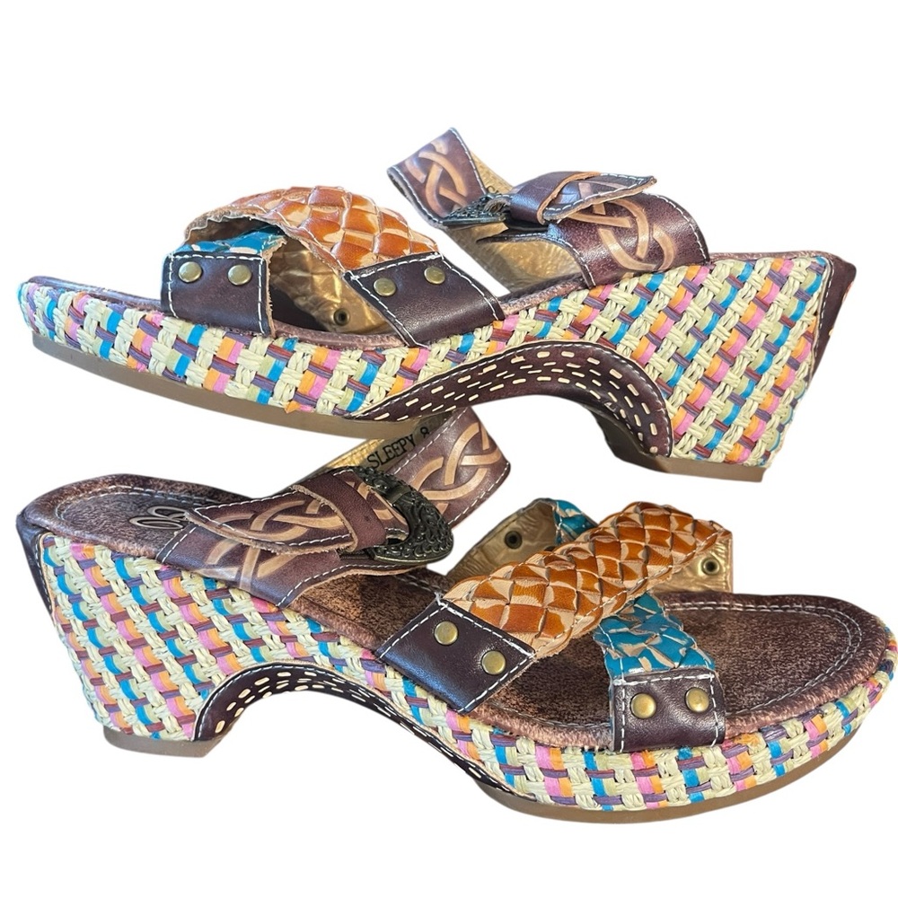 Elite Corkys Poppy Amber Multi Pattern Hand Made Leather Wedge Boho Sandals 8 - Picture 8 of 11